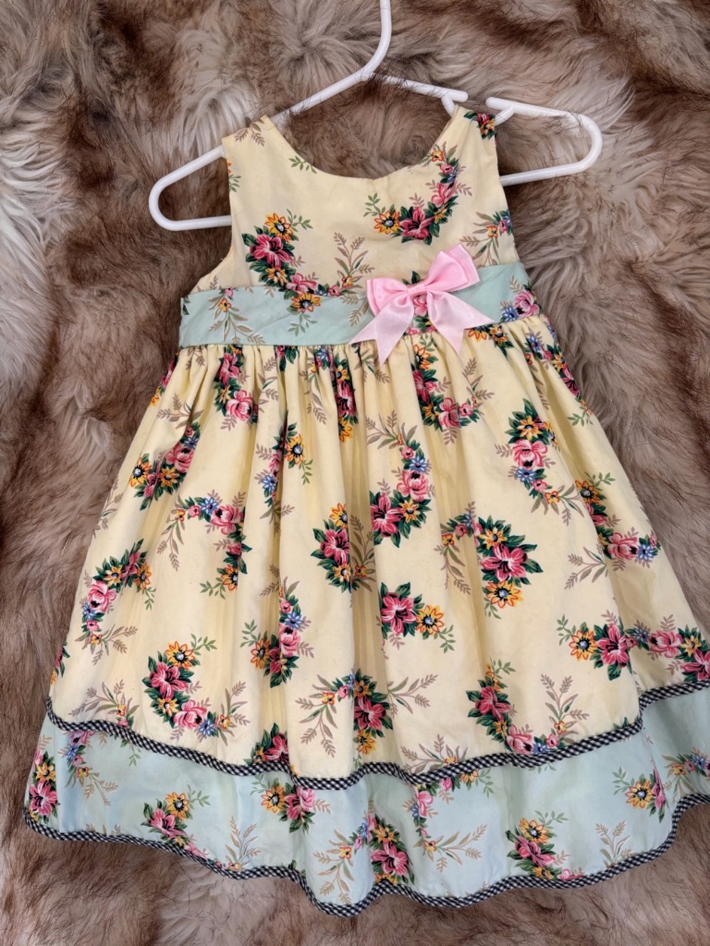 Laura Ashley Yellow Floral Dress with Pink Bow and Mint Trim